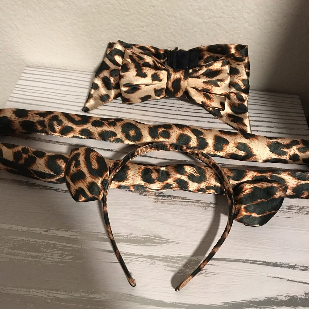Bundle- Leopard Print Satin Headband, Bow and Tail Set. Plus Cat Women Headband